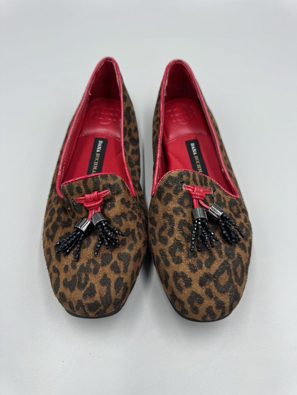 Dana Buchman Leopard Cheetah Print Red Slip On Flats Beaded Tassels Size 6 Med